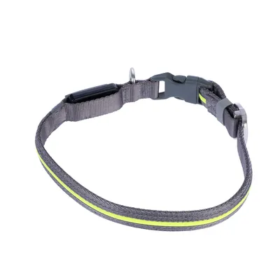 Collier pour chien en nylon gris avec bande réfléchissante jaune, boucle plastique noire et anneau métallique.