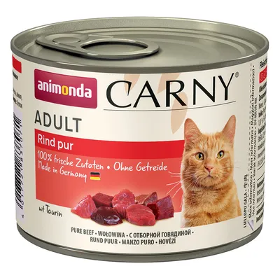 Консерва animonda Carny Adult Rind pur для кошек, с отборной говядиной. 100% свежие ингредиенты, без зерна, Made in Germany. Изображение кусочков мяса и надпись mit Taurin.