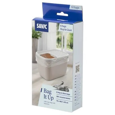 SAVIC Bag It Up, 6 Hop In Giant zakken voor kattenbak, 30% gerecycled plastic, afmeting 74×49,5×43 cm. Verpakking toont product en kat.