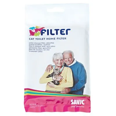 Confezione SAVIC Filter Cat Toilet Home Filter, filtro a carbone attivo per toilette per gatti, testo in inglese e altre lingue, immagine di due persone con un gatto in braccio.