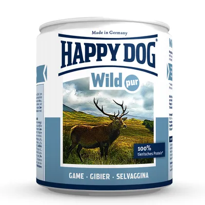 Lata de comida para perros Happy Dog Wild pur. Texto visible: Made in Germany, 100% tierisches Protein, GAME GIBIER SELVAGGINA. Imagen de ciervo en paisaje natural.