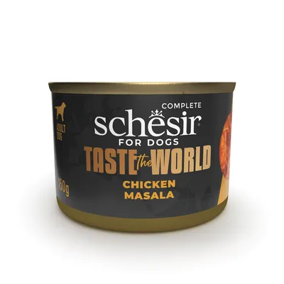Boîte de 150 g Schesir for Dogs Taste the World Chicken Masala, alimentation complète pour chien adulte. Texte visible : Complete, Adult Dog.