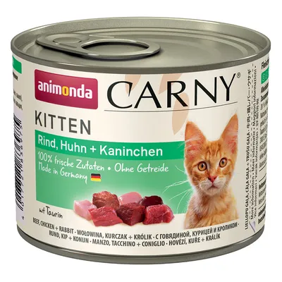Boîte Animonda Carny Kitten, Rind, Huhn + Kaninchen. 100 % frische Zutaten, sans céréales, Made in Germany. Viande de bœuf, poulet et lapin visible sur l’étiquette.