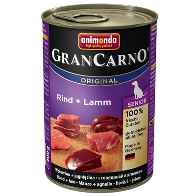 Консерва Animonda GranCarno Original Rind + Lamm Senior, 400 г. Текст: 100% frische Zutaten, getreidefrei, glutenfrei, Made in Germany. Изображены куски мяса.