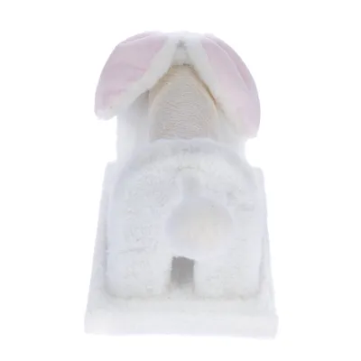 Weisse Plüschhöhle mit rosa Ohren und rundem Schwanz, geeignet als Versteck oder Schlafplatz.