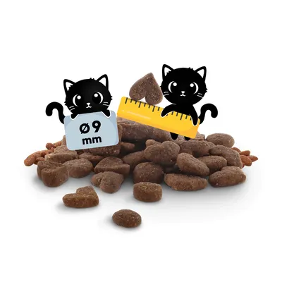 Croquettes en forme de cœur et rondes, diamètre indiqué : 9 mm, illustré par deux chats tenant une règle et un panneau Ø 9 mm.