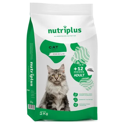 Nutriplus Premium alimento para gatos adultos a partir de 12 meses, 2 kg. Sin OGM, alta calidad proteica, fácil digestión, apto para todas las razas.
