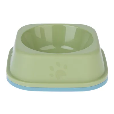 Green feeding bowl with blue base and paw print design on the front.
