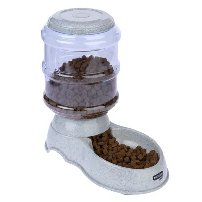 Plastic food dispenser with transparent container, filled with brown dry food pieces. Zooplus logo visible on the base.