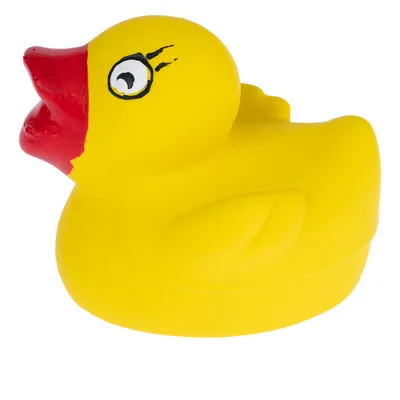 Yellow rubber duck with red beak, suitable as toy or decoration.