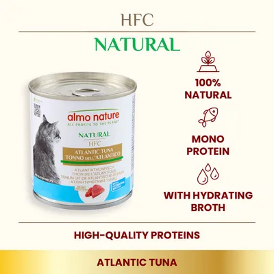 Atlantic tuna product with 100% natural, mono protein, high-quality proteins and hydrating broth features highlighted. HFC Natural. No gluten recipe.
