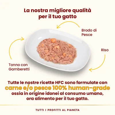 Tonno con gamberetti, brodo di pesce e riso in un piatto. Testo: carne e/o pesce 100% human-grade idonei al consumo umano, ora alimento per il tuo gatto. Tutti i profitti al pianeta.