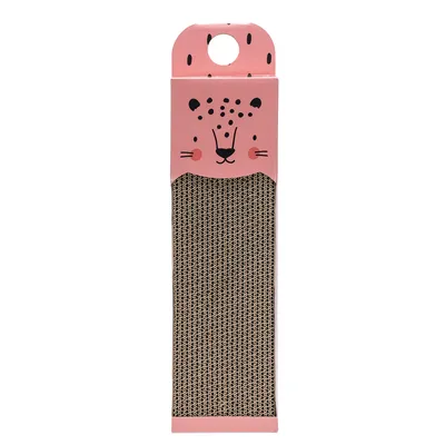Cardboard scratching board with pink design and leopard motif on top, rectangular shape with hole for hanging.