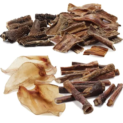 Blandning av torkade hundtugg i olika former: bitar av vom, hud och rullar av kött. Ingen synlig förpackning eller text.