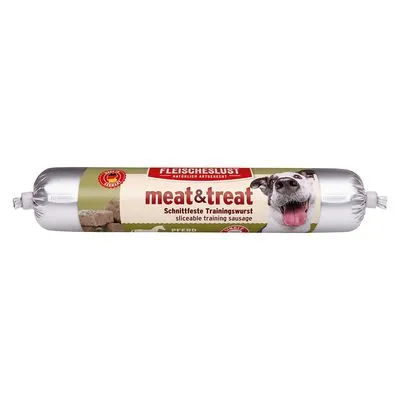 Fleischeslust meat&treat snijdbare trainingsworst, verpakking met afbeelding van hond en tekst: Schnittfeste Trainingswurst, sliceable training sausage.