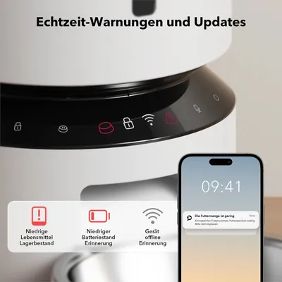Echtzeit-Warnungen und Updates: Niedriger Lebensmittel-Lagerbestand, niedriger Batteriestand, Gerät offline. Smartphone-Benachrichtigung: Futtermenge ist gering.