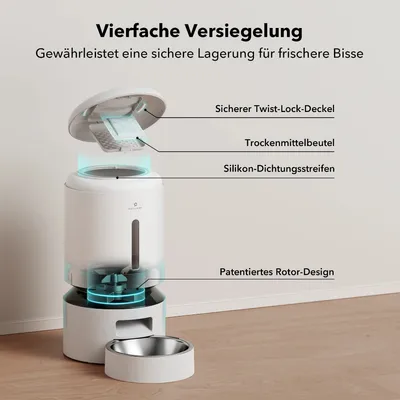 Vierfache Versiegelung: Sicherer Twist-Lock-Deckel, Trockenmittelbeutel, Silikon-Dichtungsstreifen, Patentiertes Rotor-Design. Gewährleistet sichere Lagerung für frischere Bisse.