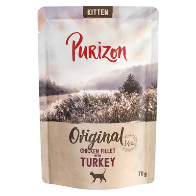 Purizon Kitten Original Chicken Fillet with Turkey, 14 %, sachet de 70 g pour chaton. Texte en anglais.