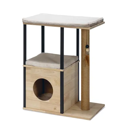 Kratzbaum aus Holz mit zwei Liegeflächen, einer Höhle und einem Kratzstamm mit Spielzeuganhänger. Rahmen aus schwarzem Metall, Polster in Beige.