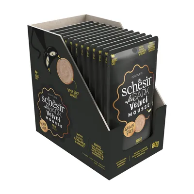 Schesir After Dark Velvet Mousse, gabonamentes, májjal, zúzával és szívvel, csirke, 80g. Szuper selymes mousse felnőtt macskáknak. 100% kiegyensúlyozott fehérjék, vitaminok és ásványi anyagok.