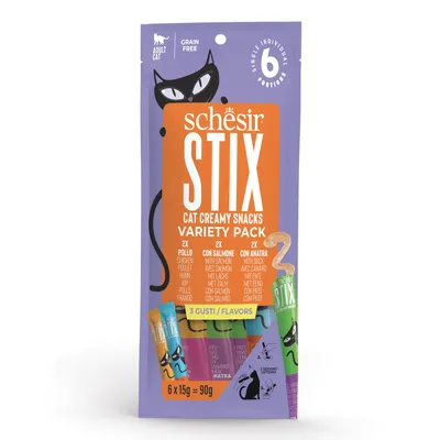 Schesir Stix Cat Creamy Snacks Variety Pack, 6 porciones individuales: 2 pollo, 2 salmón, 2 pato. Sin cereales. Para gatos adultos. 3 sabores. 6 x 15 g = 90 g.