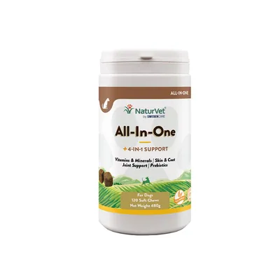 NaturVet All-In-One, 4-u-1 podrška: vitamini i minerali, koža i dlaka, podrška zglobovima, prebiotici. Za pse, 120 mekanih poslastica, neto težina 480 g.