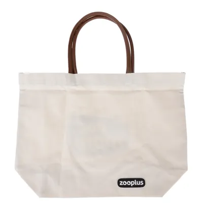 Borsa di stoffa bianca con manici marroni e logo Zooplus in basso a destra.
