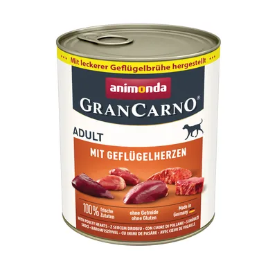 Animonda GranCarno Adult z sercami drobiowymi, 100% świeżych składników, bez zbóż, bez glutenu, wyprodukowane w Niemczech. Przygotowane z pysznym bulionem drobiowym.
