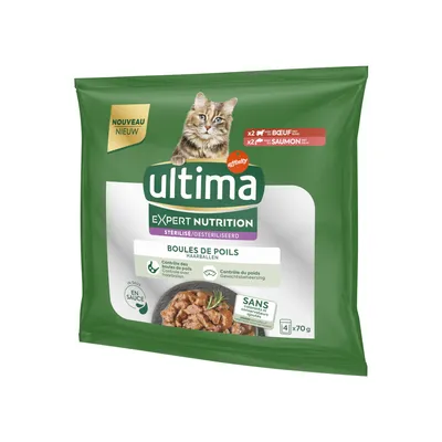 Ultima Expert Nutrition Sterilisé voor katten, haarballen, in saus, zonder granen en toegevoegde suikers, 4x70g. Haarbalcontrole en gewichtsbehoud.