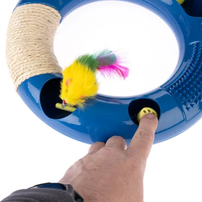 Blue cat toy with yellow plush mouse and colourful tail. Hand presses yellow button, toy includes sisal area and textured surface.