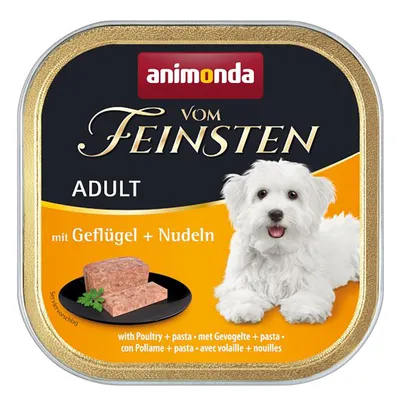 Animonda Vom Feinsten Adult con pollame e pasta. Proposta di servizio: paté su piatto nero, decorato con prezzemolo.