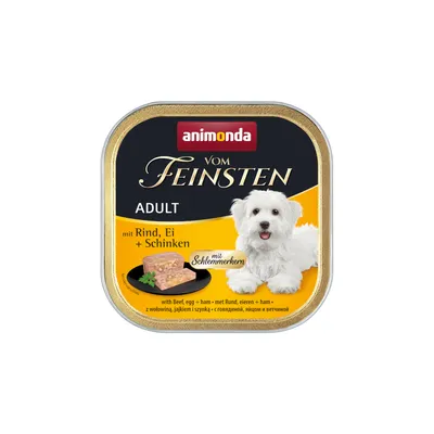 Animonda Vom Feinsten Adult cu vită, ou și șuncă. Cu miez delicios. Hrană umedă pentru câini în ambalaj auriu.