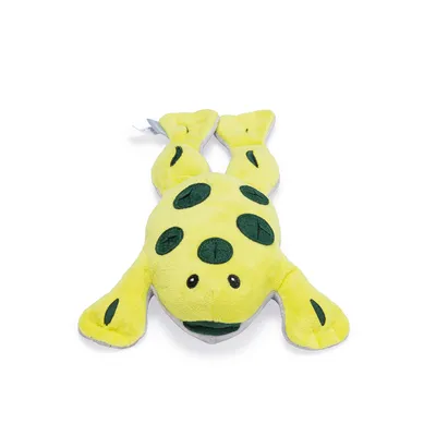 Jouet en peluche en forme de grenouille jaune avec taches vertes, yeux noirs brodés et pattes allongées, visible sur fond blanc.