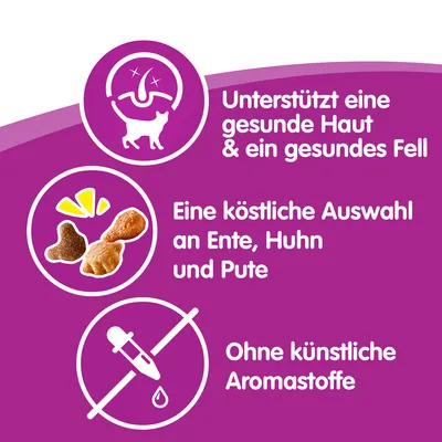 Tekst na njemačkom: Unterstützt eine gesunde Haut & ein gesundes Fell. Eine köstliche Auswahl an Ente, Huhn und Pute. Ohne künstliche Aromastoffe.