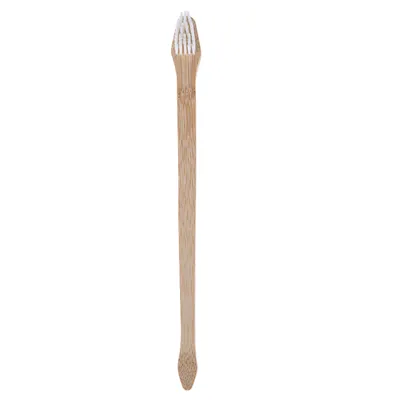 Zubná kefka z dreva s bielymi štetinami, podlhovastá rukoväť.