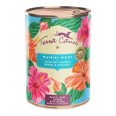 Boîte Terra Canis Waikiki Woof, texte visible : Lachs mit Quinoa, Mango & Hibiskus, 100 % human-grade quality, Waikiki Woof Salmon with Quinoa, Mango & Hibiscus.