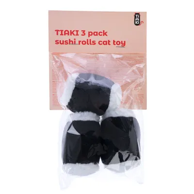 TIAKI 3-pack igrače za mačke Sushi Rolls, črne in bele igrače v prozorni embalaži.
