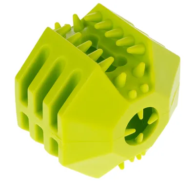 Cubo da gioco verde con nodi e fori, adatto per il gioco interattivo.