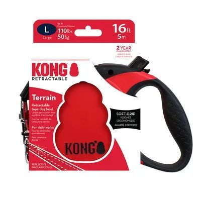 KONG Retractable Terrain hondenriem, maat L tot 50 kg, lengte 5 m, soft-grip handvat, reflecterend, 2 jaar garantie. Zichtbare tekst: KONG, Terrain, Retractable tape dog lead.