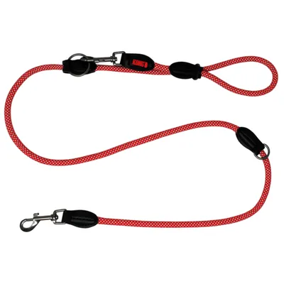 Rote Hundeleine mit weissen Punkten, Metallkarabiner und schwarzem KONG-Logo auf Griff.
