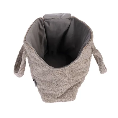 Sac en tissu bouclé beige avec anses, intérieur doublé gris, vu de dessus, sans marque visible ni texte apparent.
