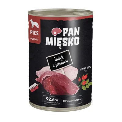 Pan Mięsko karma dla dorosłych psów, hipoalergiczna, z indykiem i jeleniem, 92,6% mięsa, podrobów i bulionu, z dziką różą.