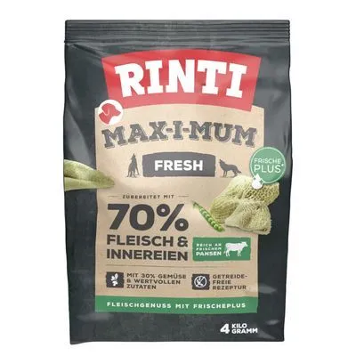 Rinti Max-i-mum Fresh hondenvoer, 70% vlees & inwendige organen, met 30% groente, graanvrij recept, rijk aan verse pens, 4 kg zak. Frische Plus staat op de verpakking.
