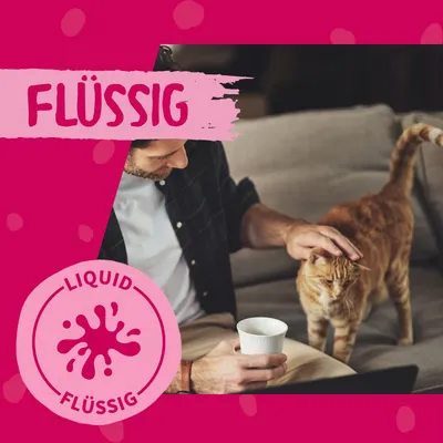 Text 'Flüssig' und 'Liquid' mit pinkem Design. Mann streichelt eine Katze, hält eine Tasse in der Hand.
