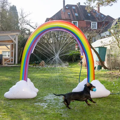 Oppustelig regnbue-vandsprinkler med to skyer, tilsluttet en haveslange. Hund leger med bold gennem vandstrålen.