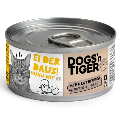 Dogs'n Tiger puszka karmy dla kotów, Ei der Daus! kurczak z jajkiem. Ilustracja kota i pisklęcia.