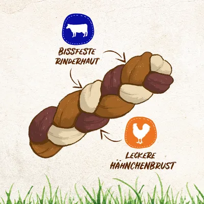 Illustration d’une friandise tressée pour chien avec texte en allemand : « Bissfeste Rinderhaut » (peau de bœuf résistante) et « Leckere Hähnchenbrust » (blanc de poulet savoureux).