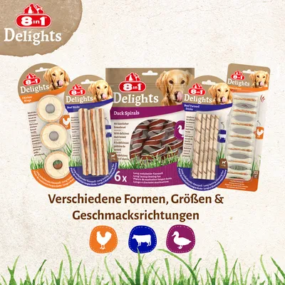 5 paquets de friandises pour chien 8in1 Delights : Chicken Rings, Beef Sticks, Duck Spirals, Beef Twisted Sticks. Texte en allemand sur la variété des formes, tailles et saveurs.