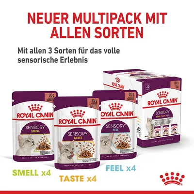 Royal Canin мультипак со всеми видами: Sensory Smell x4, Taste x4, Feel x4. Все 3 вида для полного сенсорного опыта. Размер упаковки: 85 г на пакет.