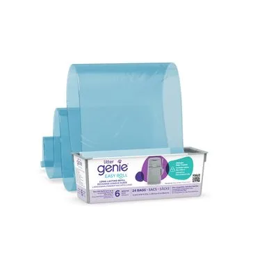 Litter Genie Easy Roll navulverpakking, zichtbaar: blauwe zakken op rol, verpakking met tekst '24 bags', '6 navullingen', afbeelding van afvalemmer.